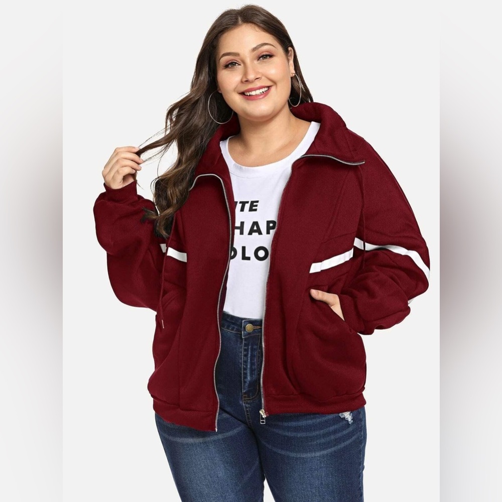 Zip Up Drawstring Jacket Plus Size (RED/WHITE)